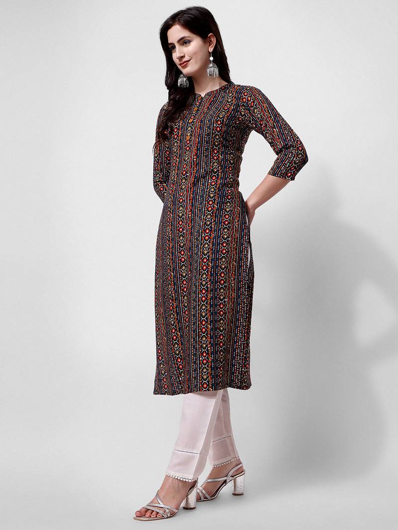 Multicolor rayon straight geometric printed casual kurta for women