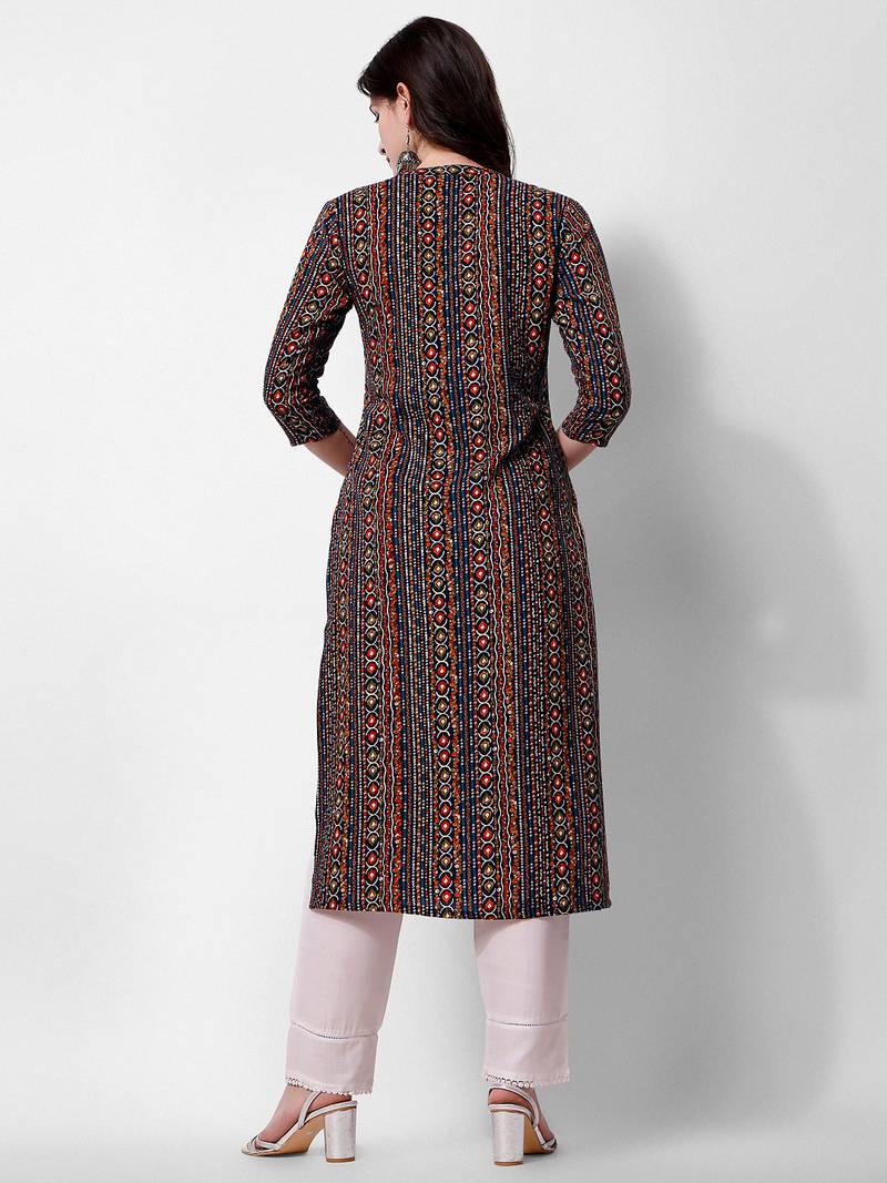 Multicolor rayon straight geometric printed casual kurta for women
