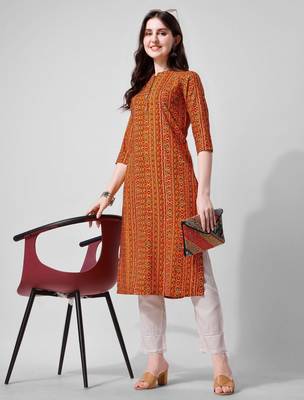 Orange rayon straight geometric printed casual kurta for women 1