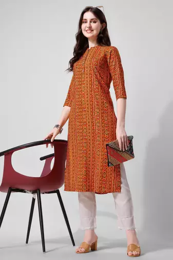 Orange rayon straight geometric printed casual kurta for women