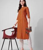 Orange rayon straight geometric printed casual kurta for women