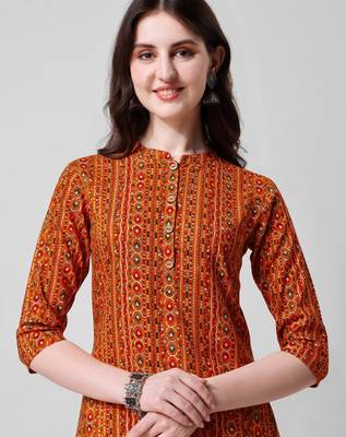 Orange rayon straight geometric printed casual kurta for women 2