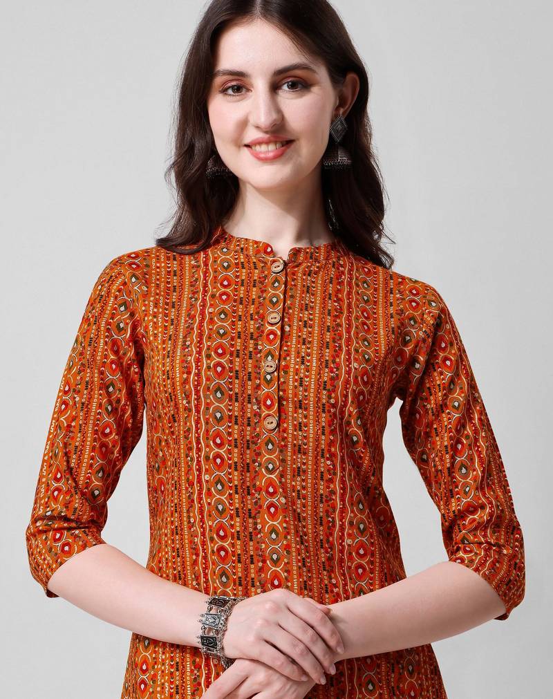 Orange rayon straight geometric printed casual kurta for women
