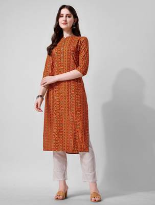 Orange rayon straight geometric printed casual kurta for women 3