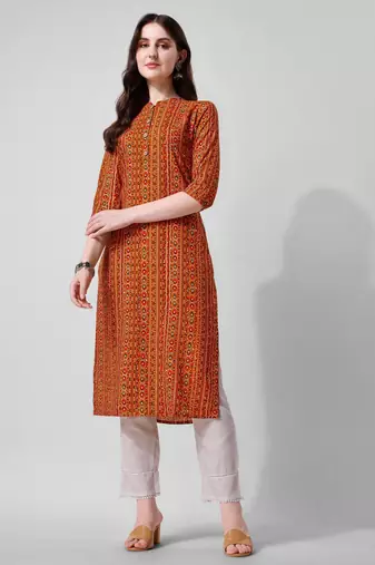 Orange rayon straight geometric printed casual kurta for women