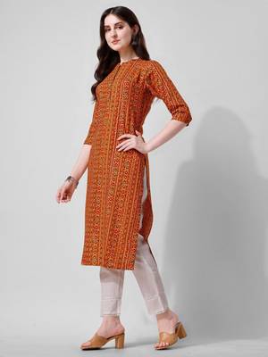 Orange rayon straight geometric printed casual kurta for women 4