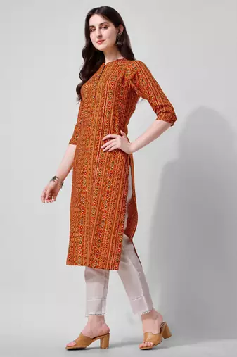 Orange rayon straight geometric printed casual kurta for women