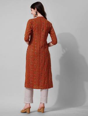 Orange rayon straight geometric printed casual kurta for women 5