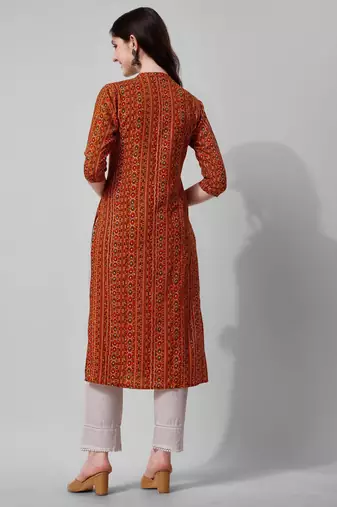 Orange rayon straight geometric printed casual kurta for women