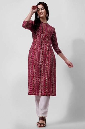 Purple rayon straight geometric printed casual kurta for women