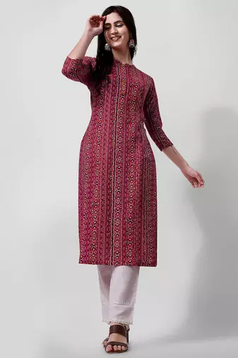 Purple rayon straight geometric printed casual kurta for women