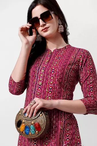 Purple rayon straight geometric printed casual kurta for women
