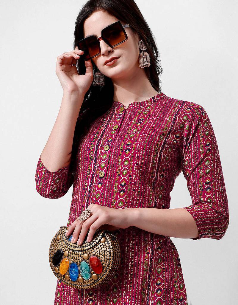 Purple rayon straight geometric printed casual kurta for women