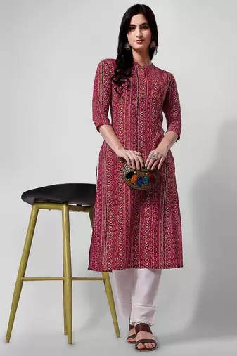 Purple rayon straight geometric printed casual kurta for women