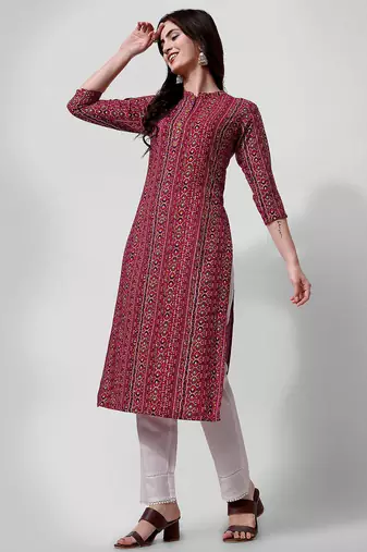 Purple rayon straight geometric printed casual kurta for women