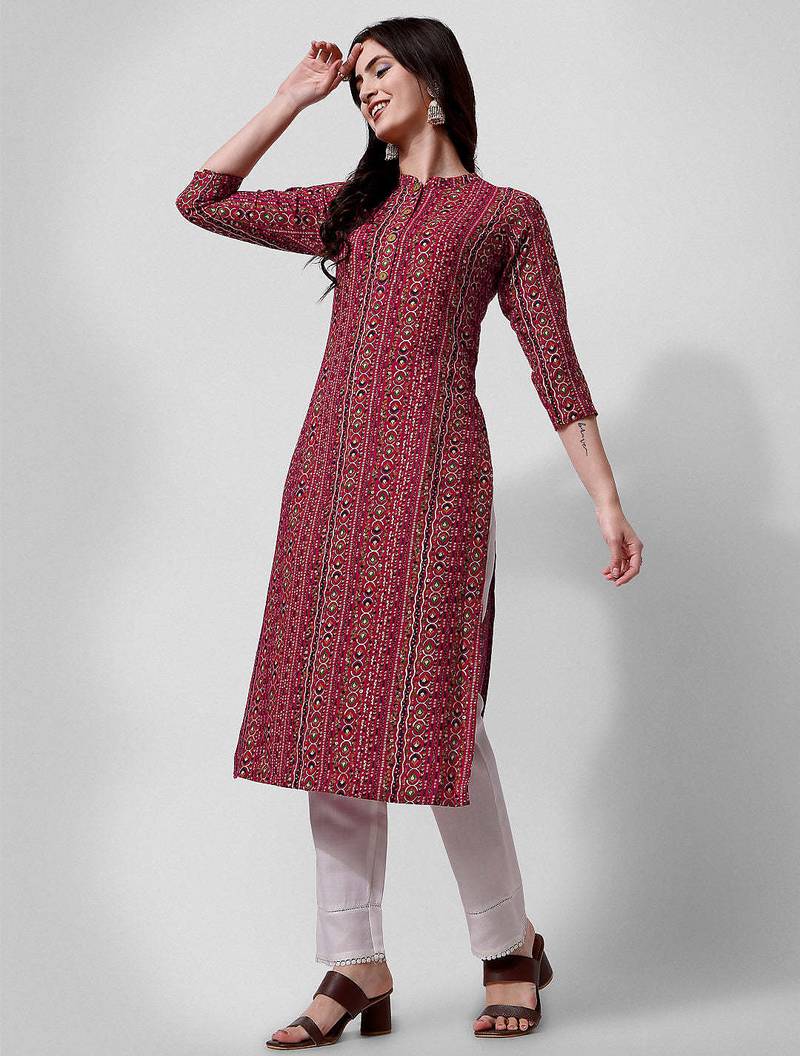 Purple rayon straight geometric printed casual kurta for women