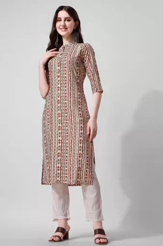 Off white rayon straight geometric printed casual kurta for women