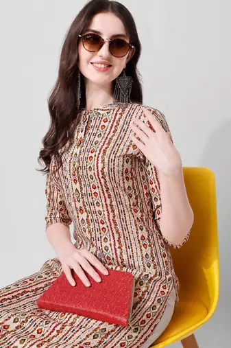 Off white rayon straight geometric printed casual kurta for women