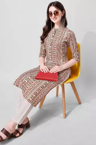 Off white rayon straight geometric printed casual kurta for women