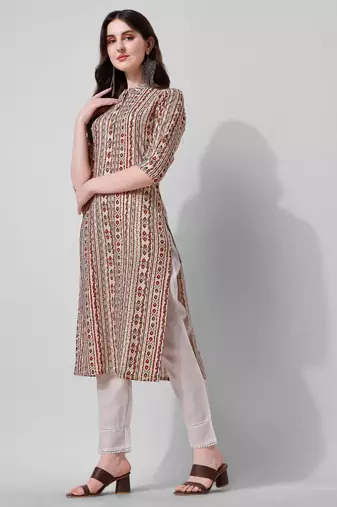 Off white rayon straight geometric printed casual kurta for women