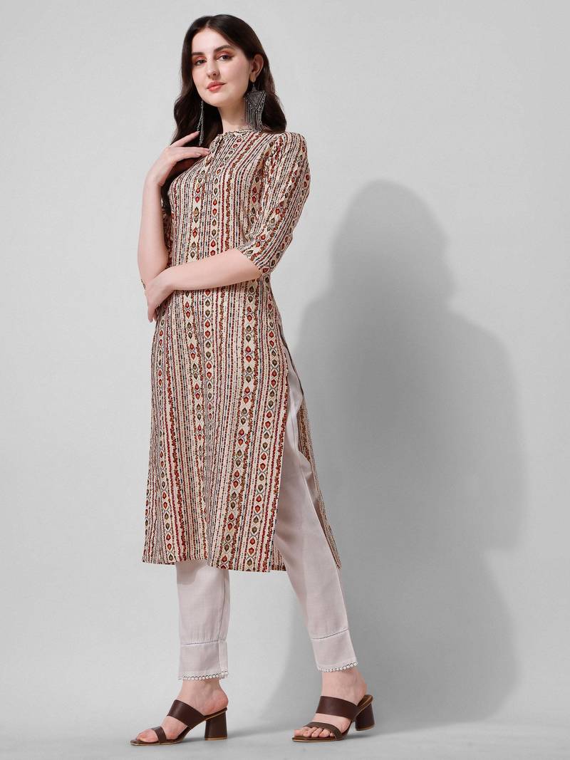 Off white rayon straight geometric printed casual kurta for women