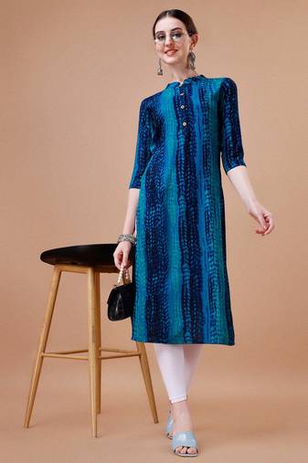 Blue rayon straight tie dye printed casual kurta for women