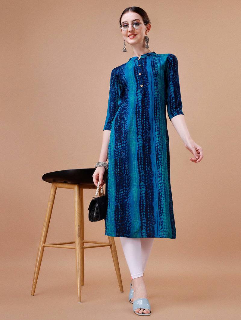 Blue rayon straight tie dye printed casual kurta for women