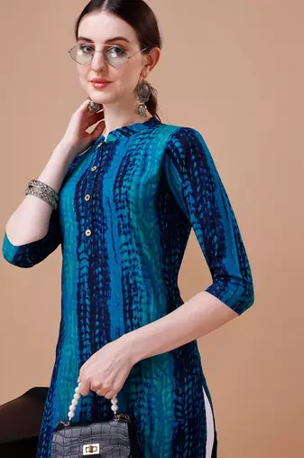 Blue rayon straight tie dye printed casual kurta for women