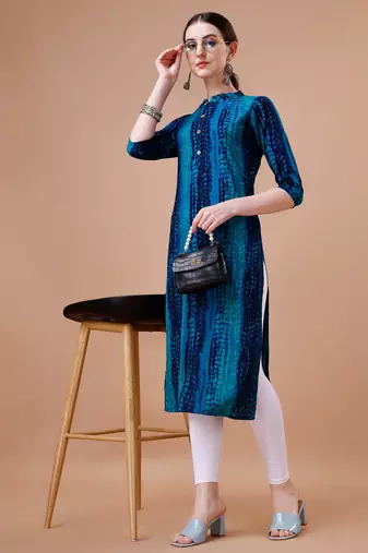 Blue rayon straight tie dye printed casual kurta for women