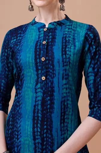 Blue rayon straight tie dye printed casual kurta for women