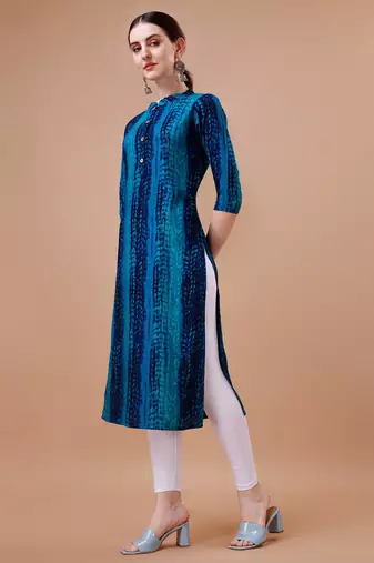 Blue rayon straight tie dye printed casual kurta for women