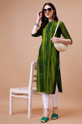 Green rayon straight tie dye printed casual kurta for women
