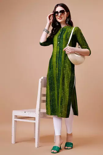 Green rayon straight tie dye printed casual kurta for women