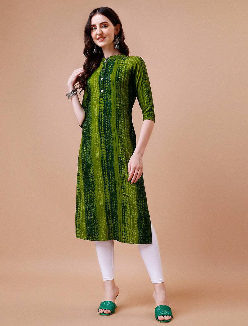 Green rayon straight tie dye printed casual kurta for women