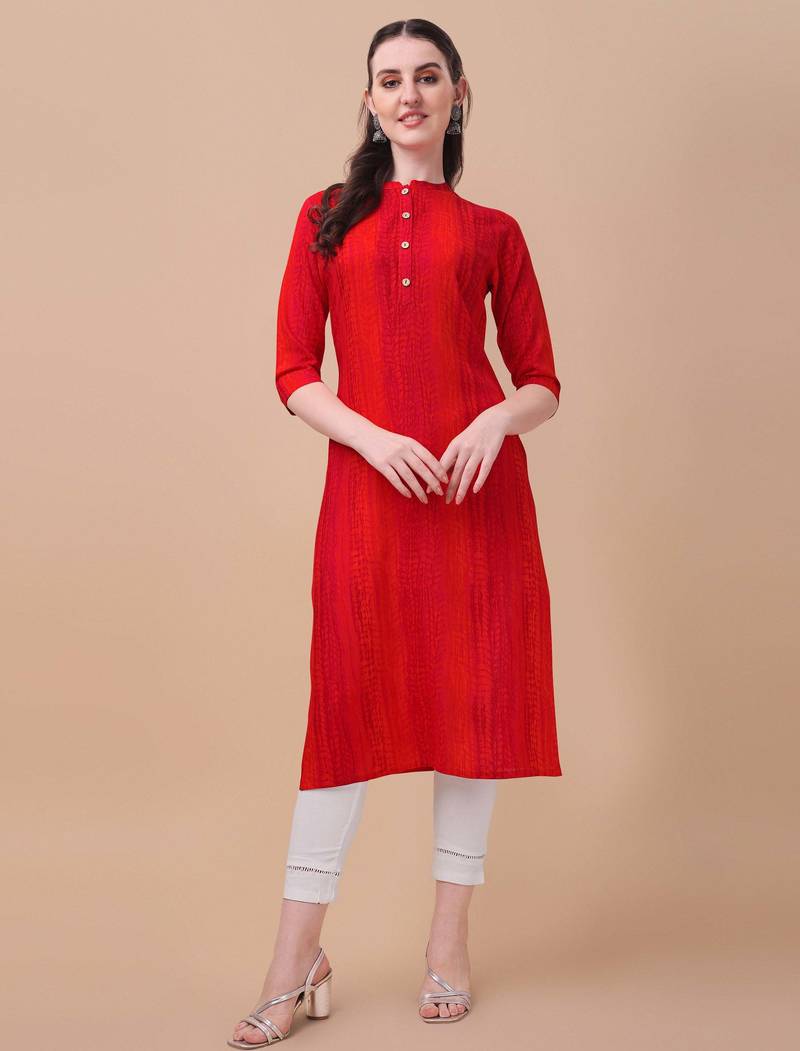 Red rayon straight tie dye printed casual kurta for women