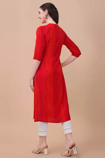 Red rayon straight tie dye printed casual kurta for women