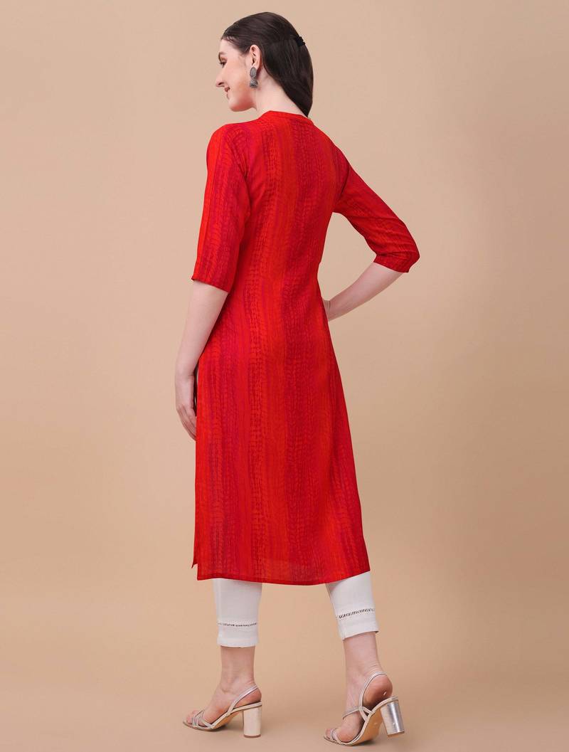 Red rayon straight tie dye printed casual kurta for women