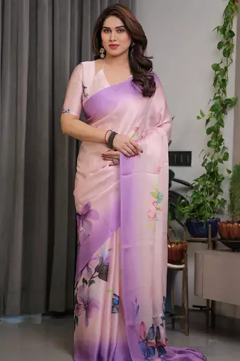 Readymade satin silk blend saree with matching unstitched blouse