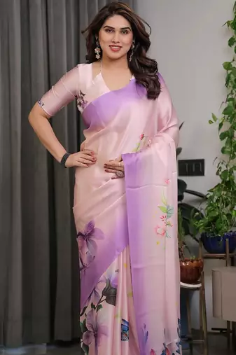 Readymade satin silk blend saree with matching unstitched blouse