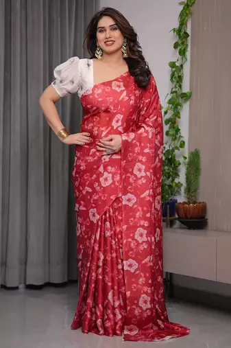 Designer readymade satin silk blend saree with unstitched blouse