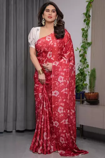 Designer readymade satin silk blend saree with unstitched blouse