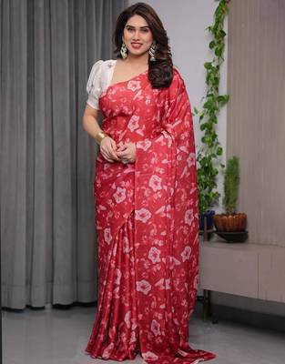 Designer readymade satin silk blend saree with unstitched blouse 4