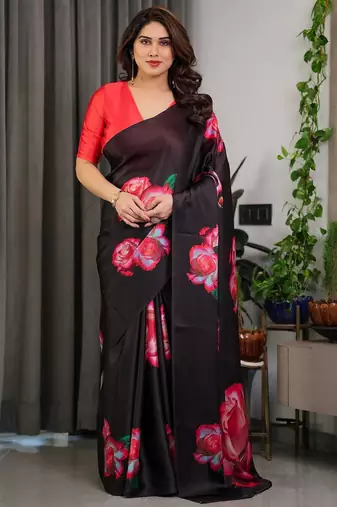 Party wear readymade satin silk blend saree with unstitched blouse