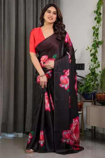 Party wear readymade satin silk blend saree with unstitched blouse