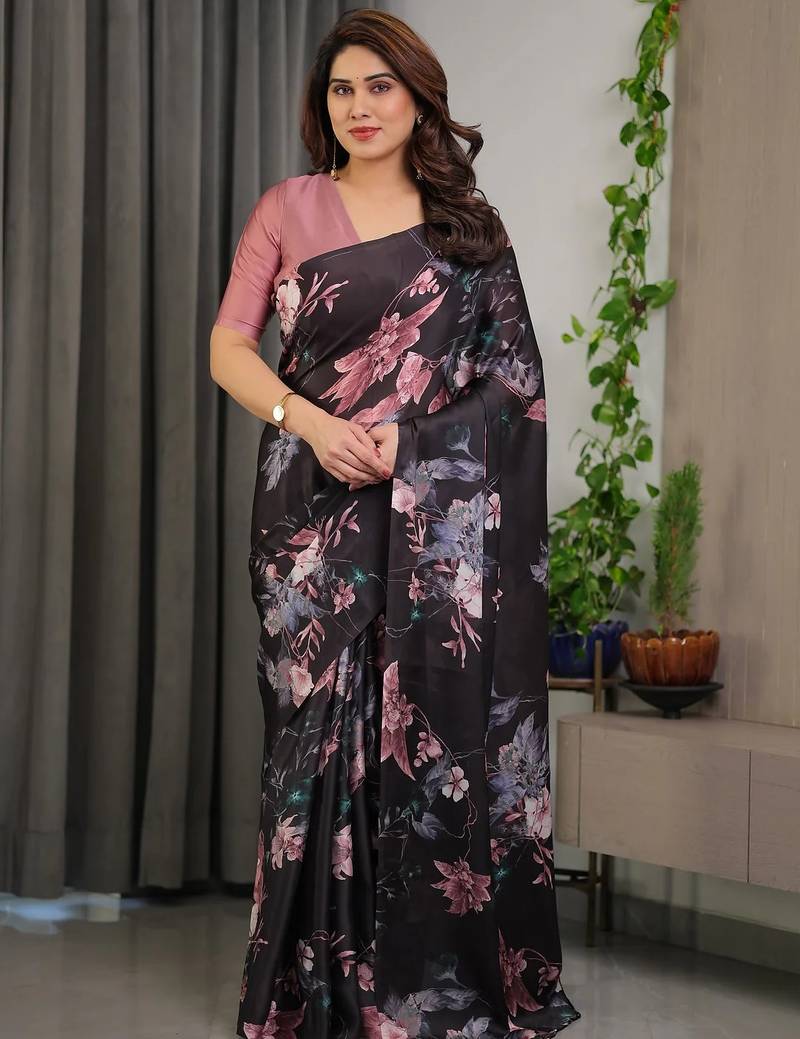 Festive readymade satin silk blend saree with unstitched blouse