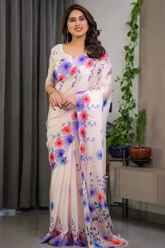 Premium readymade satin silk blend saree with matching blouse piece