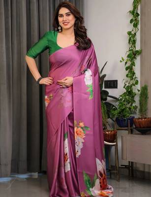 Ready pleated satin silk blend saree with unstitched blouse 2