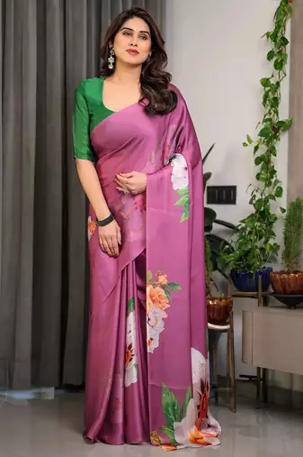 Ready pleated satin silk blend saree with unstitched blouse