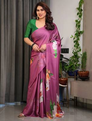 Ready pleated satin silk blend saree with unstitched blouse 4