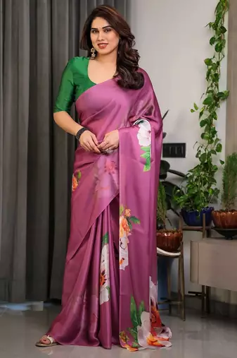 Ready pleated satin silk blend saree with unstitched blouse